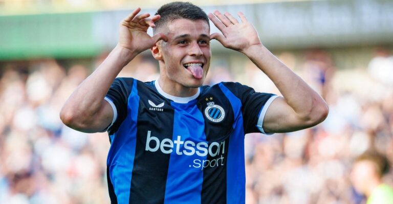 Nicolo Tresoldi celebrates after scoring for Club Brugge in the Belgian Pro League